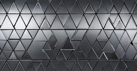 Fototapete - a close-up view metallic surface composed of numerous triangular tiles arranged in a repeating pattern The tiles are silver in color and exhibit a reflective,