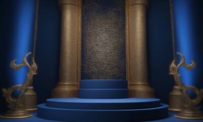 Fototapete - A grand, ornate stage with a blue background, gold columns, and a large, ornate sculpture on either side, set against a blue wall with a gold pattern
