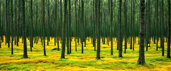 Poster - A dense forest of tall trees with green trunks and yellow moss-covered ground, creating a serene and tranquil atmosphere