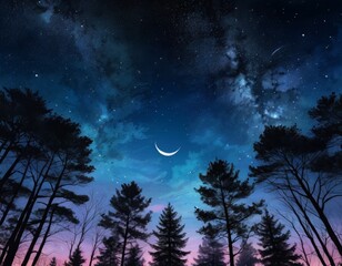 Poster - A crescent moon hangs in the night sky, casting a soft glow over a forest of trees silhouetted against a vibrant display of colors