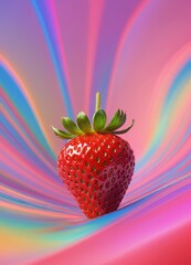 Aufkleber - A vibrant strawberry with a green stem and leaves stands out against a colorful, abstract background
