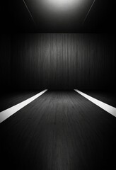 Fototapete - A dimly lit room with a wooden floor and white lines on the floor, creating a sense of depth and perspective.