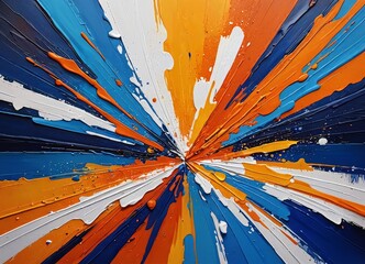 Poster - an abstract painting featuring a radial burst of colors, predominantly blue, orange, and white, with splatters and drips adding texture and depth
