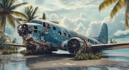 A rusted, blue airplane wreckage rests on a sandy beach under a partly cloudy sky, with palm trees in the background.