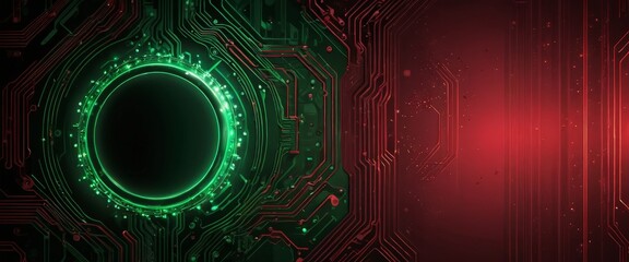 Aufkleber - a striking contrast between a green circular element and a red background, with a complex circuit board pattern in the background