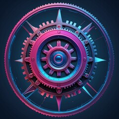 Poster - a complex, futuristic gear design with a central circular element surrounded by a series of radiating spokes in shades of pink and blue