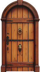 a traditional arched wooden door with a brass knocker isolated on transparent PNG.