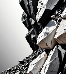 Poster - a striking black and white composition of jagged, cracked rocks, with a gradient background transitioning from white to gray