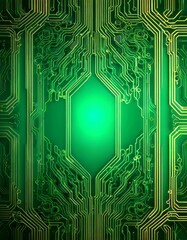 Fototapete - a complex, intricate green circuit board with gold lines and a central glowing green light