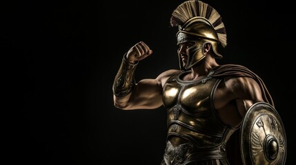 Ancient warrior in bronze armor flexing muscles holding shield, dark background. Detailed and dramatic historical photography. Generative AI