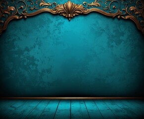 Poster - a dark blue wall with a gold ornate border and a wooden floor in the foreground