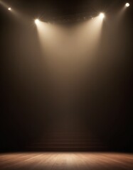 Poster - A dimly lit stage with a wooden floor and a set of stairs leading up to a raised platform, illuminated by two spotlights