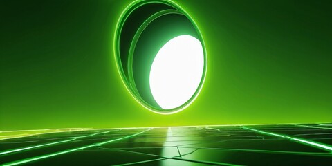 Leinwandbilder - A futuristic, neon-lit room with a circular opening in the center, featuring a glowing white light and a reflective surface below