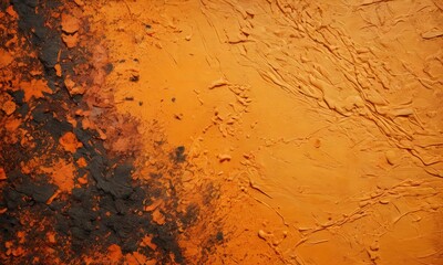 Poster - a close-up view of a textured orange and black surface, with a rough, uneven texture and a mix of dark and light orange areas.