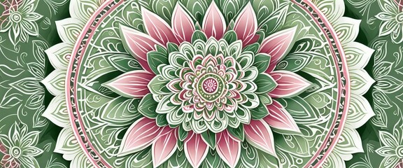 Aufkleber - A vibrant mandala design with a central pink flower surrounded by green leaves and intricate patterns in shades of green and pink