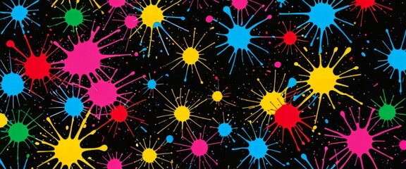 Poster - a vibrant and dynamic pattern of colorful paint splatters against a black background The splatters are scattered randomly, creating a sense of movement and energy The