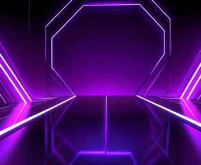 Leinwandbilder - a futuristic, neon-lit room with a reflective floor and a central octagonal structure