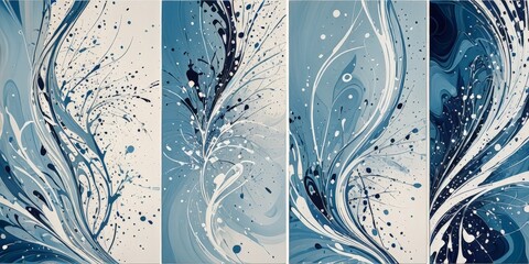 a triptych featuring three panels with abstract blue and white patterns The left panel has a wavy, organic design with splashes of color, the middle panel has a