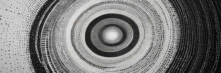Poster - a black and white abstract pattern composed of concentric circles and lines, creating a sense of depth and movement
