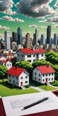 Poster - a cityscape with tall buildings and a skyline, overlaid with a residential neighborhood with white houses and red roofs In the foreground, there is a piece of paper