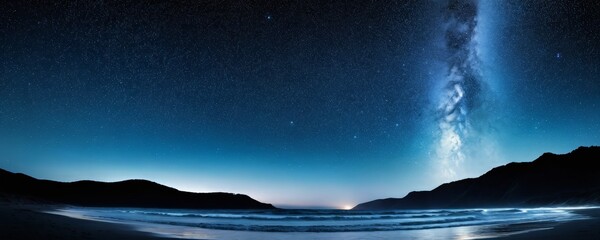 Poster - The Milky Way Galaxy stretches across the night sky, its spiral arms visible in the distance, as it appears to be reflected in the calm waters of the beach below