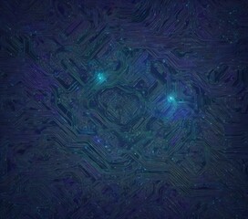 Poster - a complex, abstract pattern of blue and purple lines and shapes, resembling a circuit board or a network of interconnected systems The is