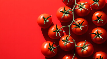 Red tomatoes on a red background top view, 