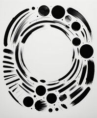 Poster - a circular arrangement of black brushstrokes and dots, creating a visually striking abstract composition