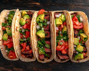 Mouthwatering Grilled Steak Tacos Closeup on Dark Wood - Fresh Ingredients, Realistic Food Photography - Festive Cuisine Concept