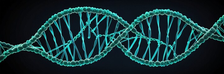 Poster - A DNA helix, with the helix composed of interconnected strands of blue and green spheres, set against a black background