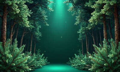 Poster - A serene forest scene with tall pine trees and a glowing green path leading to a mysterious light source