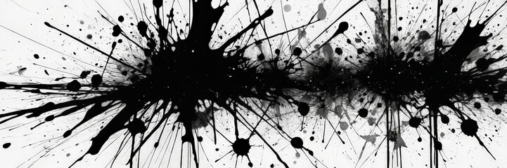 Poster - a black and white abstract composition featuring a large central blob of ink or paint, surrounded by smaller splatters and drips in various directions, creating
