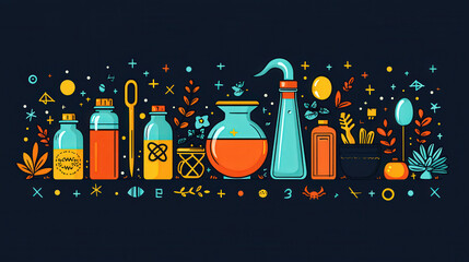 Colorful potion bottles and magical ingredients are arranged in whimsical design, perfect for witchs brew theme. This playful illustration captures essence of enchantment and creativity