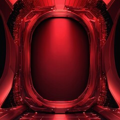 Fototapete - a futuristic, red-tinted room with a large, oval-shaped window at the center, flanked by two curved walls on either side The walls are adorned with a series