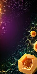 Poster - a vibrant, abstract composition with a central hexagonal shape and a variety of other hexagonal shapes surrounding it, creating a sense of depth and complexity