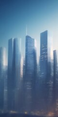 Poster - a cityscape with tall, modern skyscrapers against a clear blue sky The perspective is from a low angle, emphasizing the height and grandeur of the buildings The