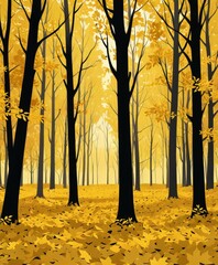 Poster - A serene forest scene with tall trees and a carpet of yellow leaves covering the ground, creating a warm and inviting atmosphere
