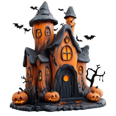 Wall Mural - Halloween haunted house illustration featuring pumpkins, bats, and eerie trees on a white background