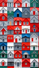 Aufkleber - A vibrant collage of houses, each with unique colors and designs, arranged in a grid-like pattern