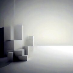 Fototapete - a minimalist, abstract room with a geometric design, featuring a series of stacked cubes in varying shades of gray against a white background.