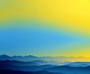 Poster - A serene landscape with a gradient sky transitioning from blue to yellow, featuring a mountain range in the distance