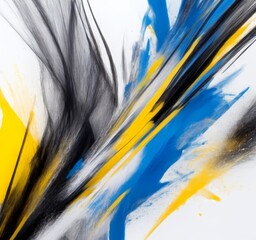 Poster - Abstract painting featuring bold brushstrokes in black, yellow, and blue against a white background