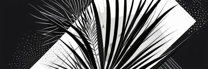 Poster - a black and white abstract composition featuring a stylized palm frond with a geometric pattern of intersecting lines and dots