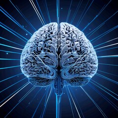 Leinwandbilder - a brain, in a realistic style, set against a dark blue background with radiating lines and blue lights