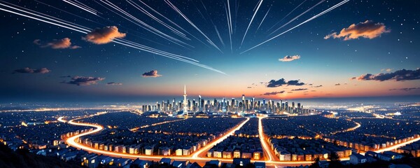 Poster - A breathtaking cityscape at night, with a starry sky and streaks of light from a distant meteor shower illuminating the skyline