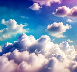 Poster - A vibrant sky filled with fluffy white clouds, transitioning from a deep blue at the top to a lighter shade of blue at the bottom, creating a serene and dreamy atmosphere