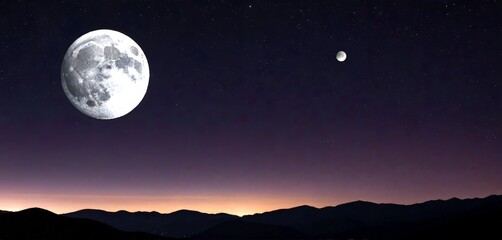 Leinwandbilder - A large full moon dominates the night sky, with a smaller crescent moon visible in the background, set against a backdrop of a colorful sunset over a mountainous landscape.