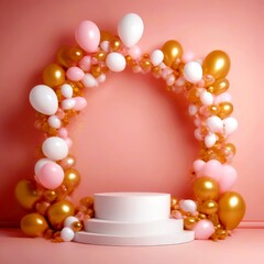 Fototapete - A white pedestal stands against a pink backdrop, surrounded by a vibrant arrangement of gold and white balloons in the shape heart and a crown