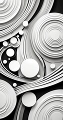 Poster - a striking black and white composition featuring a complex arrangement of concentric circles and lines, creating a sense of depth and movement