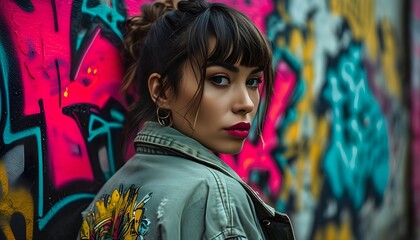 Wall Mural - Urban street fashion portrait of a woman in a jacket against a vibrant graffiti wall created by Generative AI